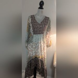 Umgee floral patchwork print dolman hi-low ruffle long dress   elastic cuff XL